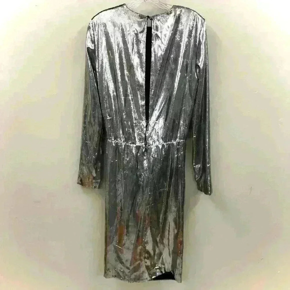 Saint Laurent Womens Silver Draped Waist Faux Wrap Metallic Silk Dress FR 40 - Picture 2 of 16